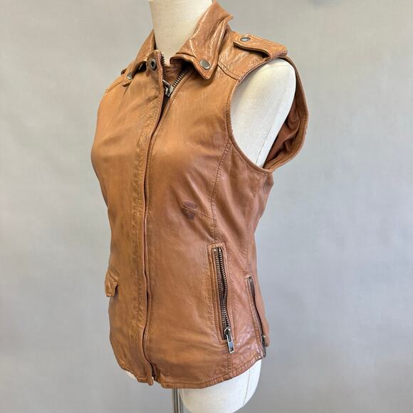 Muubaa Lynn Tan Brown Sleeveless Leather Biker moto jacket vest US Size 6 UK 10 - Picture 11 of 15